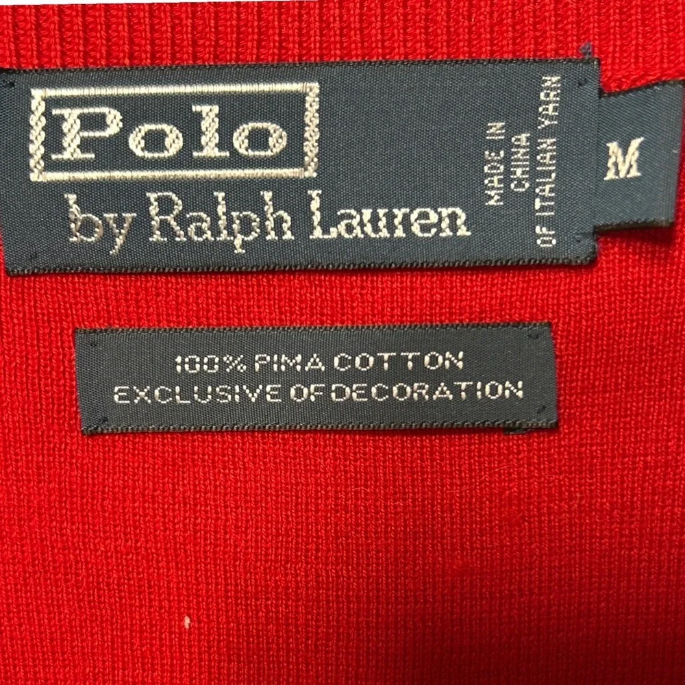 VTG Polo Ralph Lauren Red Pima Cotton Blue Pony V-Neck Sweater Vest Medium‎ EUC